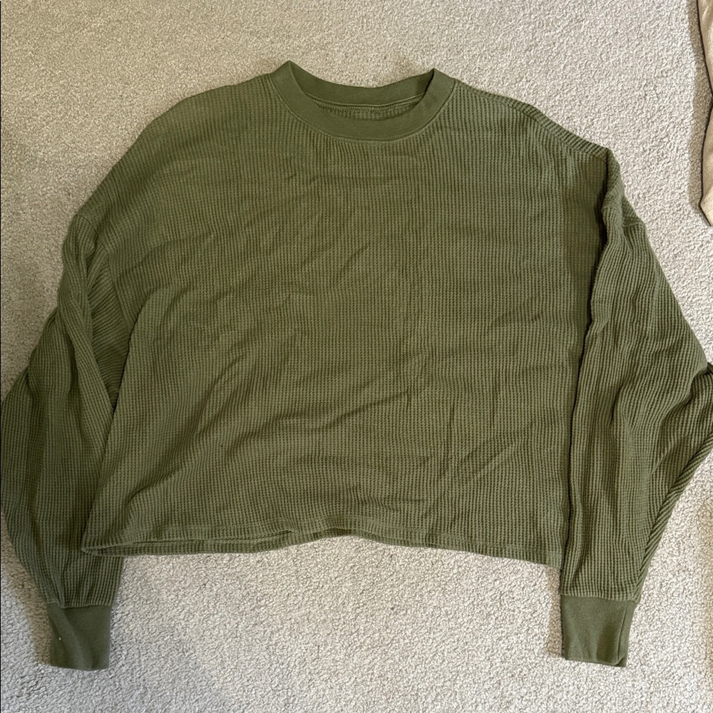 Abercrombie & Fitch Army Green Women's Cropped Waffle Knit Top